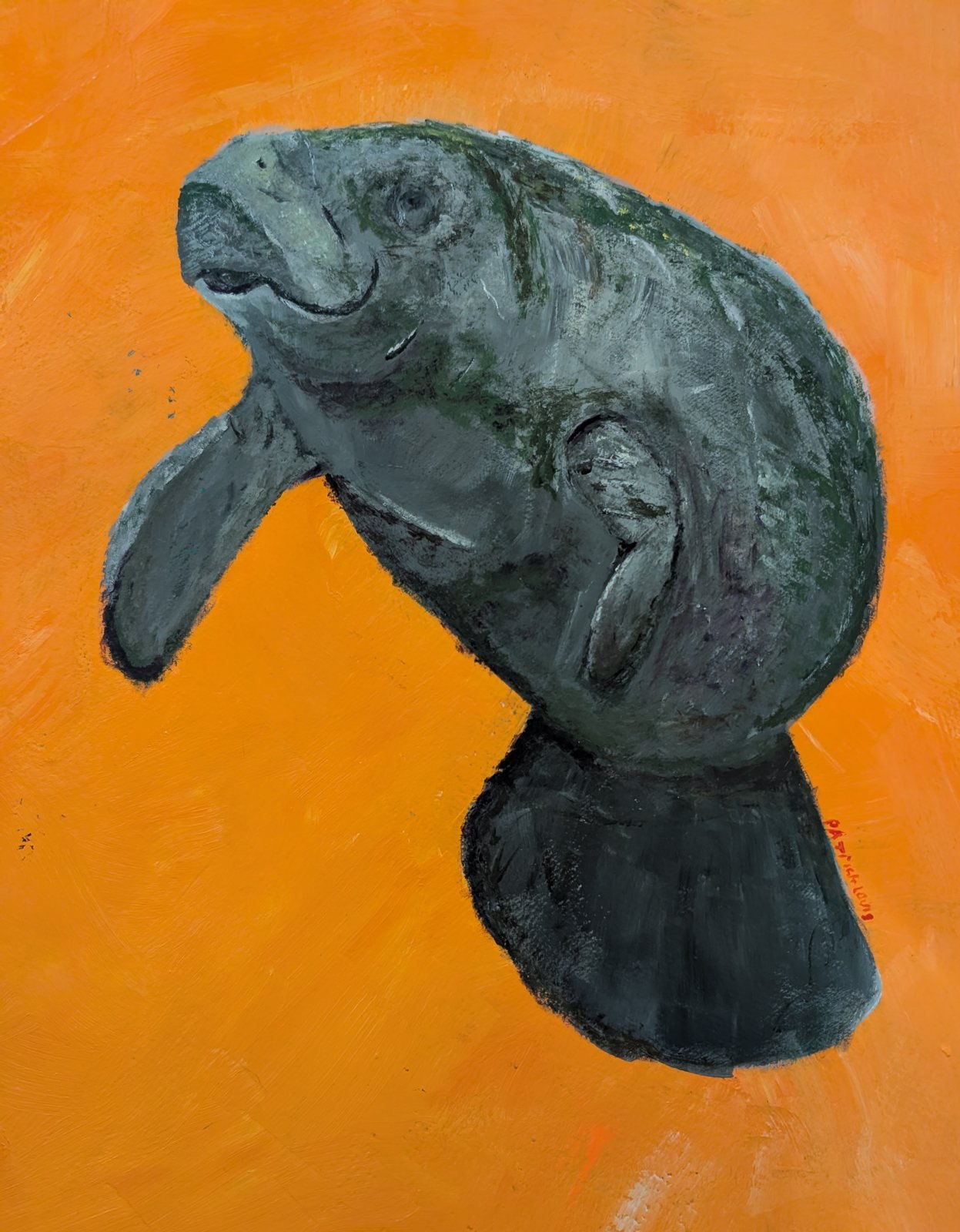 Manatee on Orange — acrylic painting of a manatee on a vivid orange field, by Patrick Louis